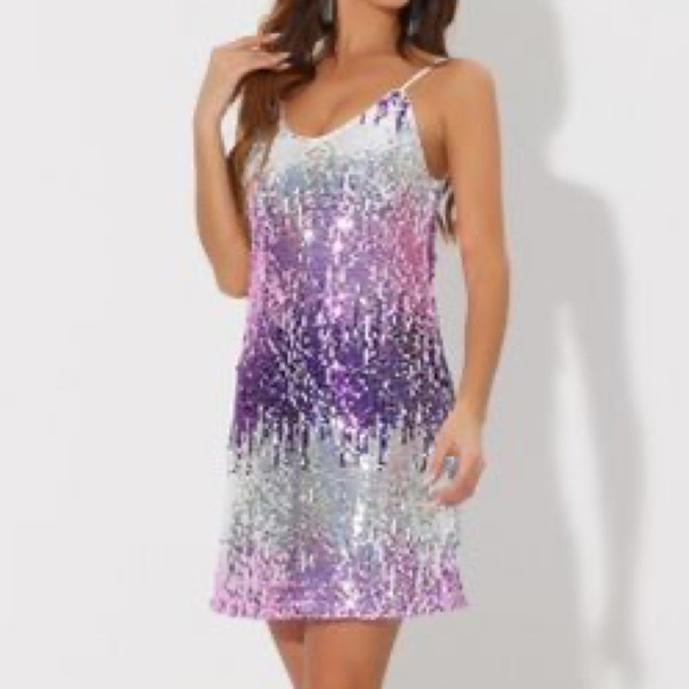 Allegra K Women's Glitter Sequin Spaghetti Strap Sparkly Mini Dress Medium